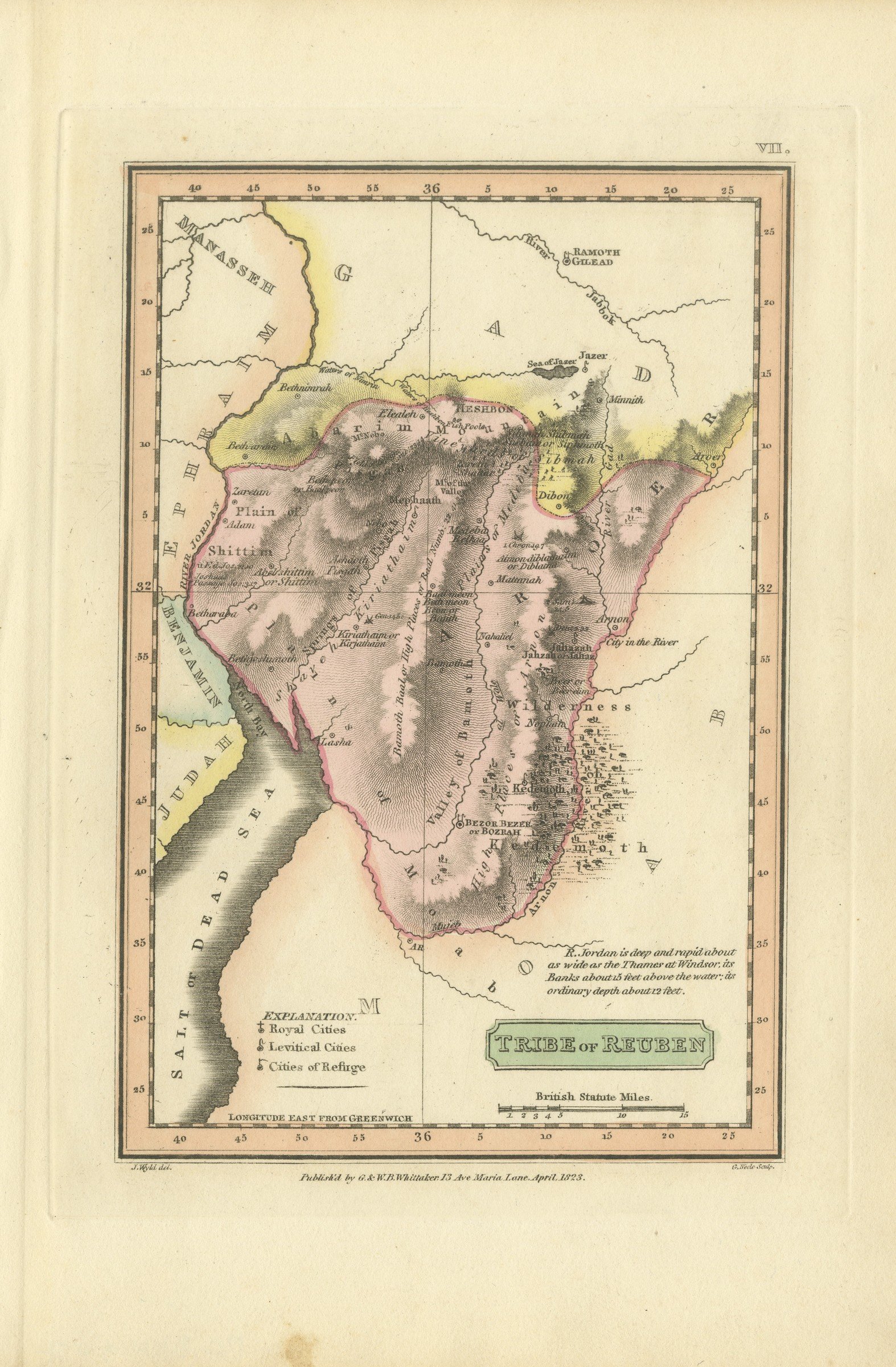 Hand-Colored Antique Map of the Tribe of Reuben, James Wyld, 1823