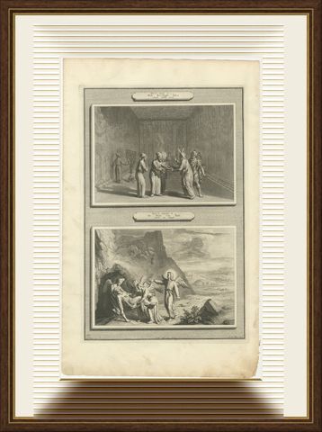 Moses Charges Joshua and the Death of Moses, Mortier Bible circa 1700, shown framed