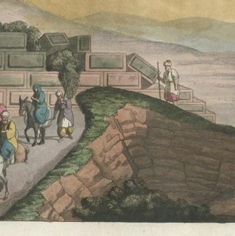 Old Handcolored Print of Ruins Between Rama and Jerusalem by Ferrario, '1831', close-up 1