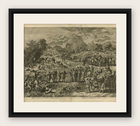Antique Bible Print Joseph sold by his Brothers by J. Luyken, 1743, shown framed