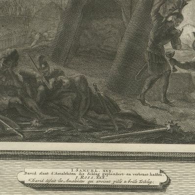 David Takes Saul's Spear and Defeats the Amalekites, Mortier circa 1700, close-up 2