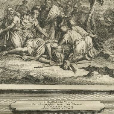 Death of Antiochus and Eleazar Slays the War Elephant, Mortier, circa 1700, close-up 2
