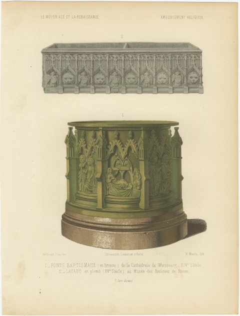 Würzburg Bronze Font and Rouen Lead Lavabo, Antique Print, 1851, view 2
