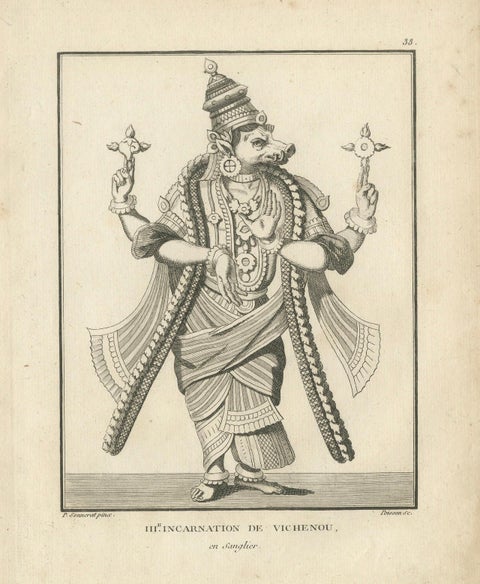 Historic 1806 Varaha Vishnu Boar Avatar Antique Print, Hindu Engraving, close-up 6