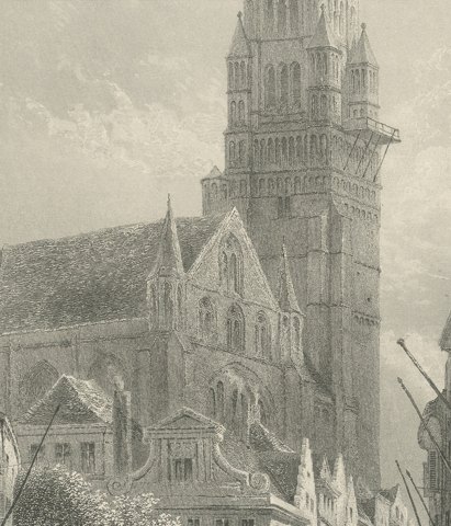 The Cathedral, Bruges, Antique Steel Engraving after E. George, circa 1878, close-up 3