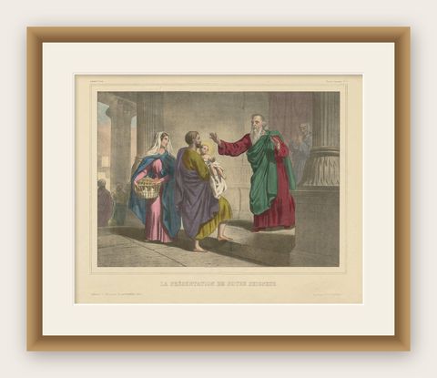 Antique Religious Print 'No. 7' Presentation of Jesus at the Temple, circa 1840, shown framed