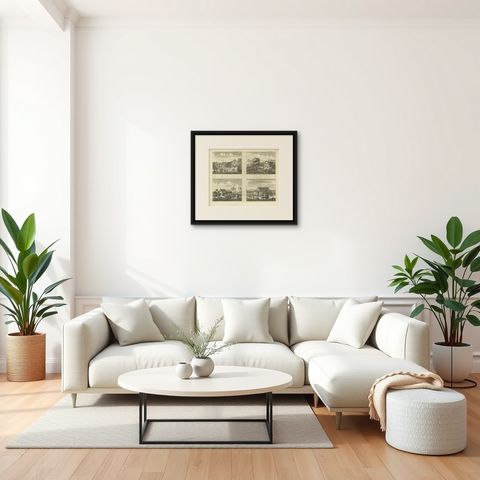 Antique Print of Various Churches on Ceylon or Nowadays Sri Lanka, 1732, shown framed in a room, true to size