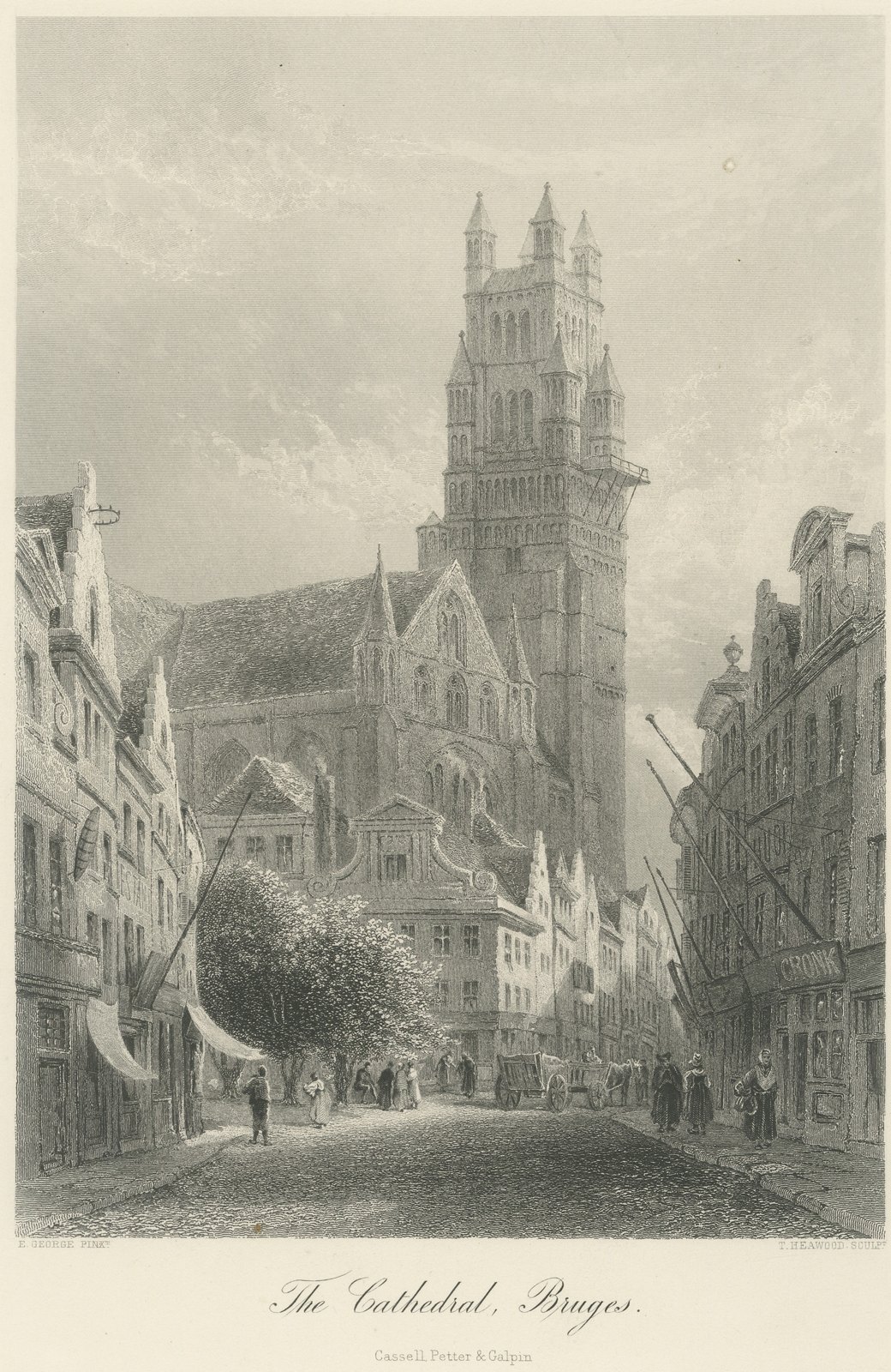 The Cathedral, Bruges, Antique Steel Engraving after E. George, circa 1878