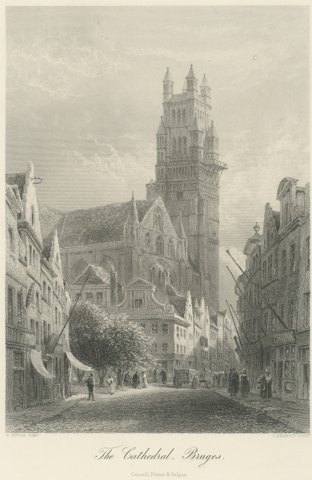 The Cathedral, Bruges, Antique Steel Engraving after E. George, circa 1878
