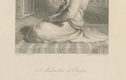 Orientalist India Engraving, Muslim at Prayer, Daniell & Cochran c.1836, close-up 4