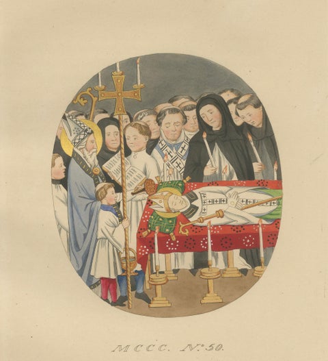 Medieval Catholic Rituals, Funeral & Mass, Hand-Colored Lithographs, 1860, close-up 1