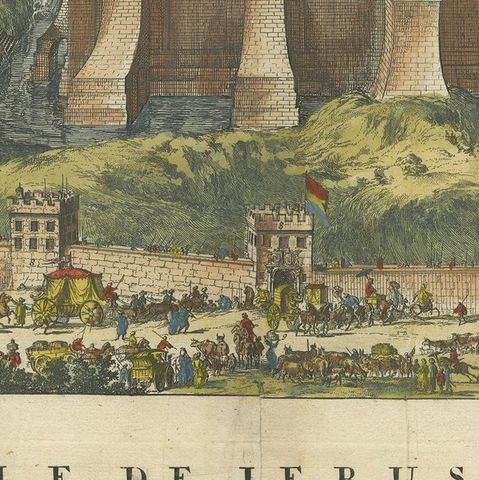 Jerusalem Engraved Handcolored Old Print of Solomon's Temple by De Hooghe, 1715, close-up 2
