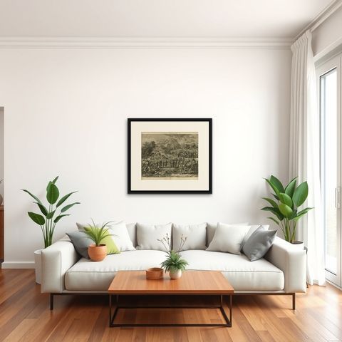 Antique Bible Print Joseph sold by his Brothers by J. Luyken, 1743, shown framed in a room, true to size
