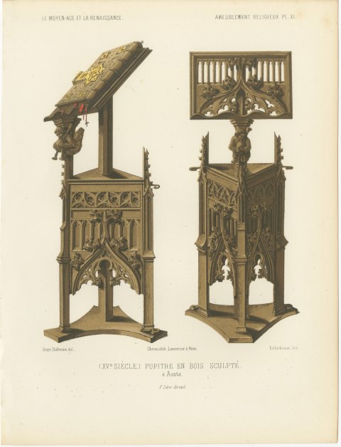 Carved Wooden Lectern at Aosta, Fifteenth Century, Antique Print, 1851, view 2