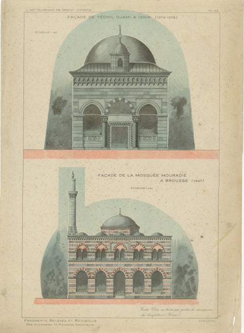 Original 1924 Ottoman Mosque Facades Print, Yeşil Djami Iznik & Muradiye Mosque, view 2