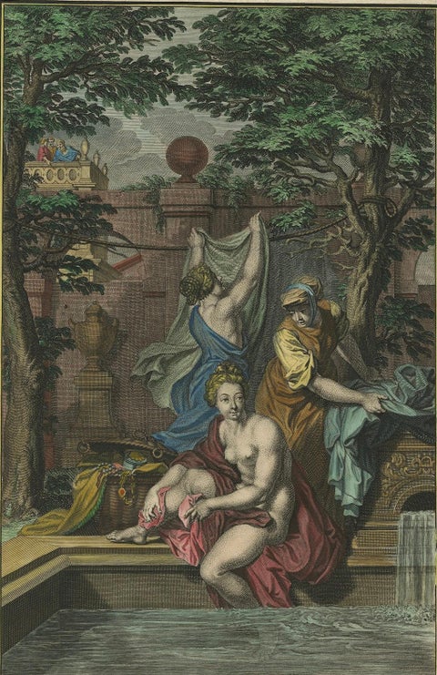 Bathsheba in the Bath, Old Testament Scene, Antique Engraving c.1730, close-up 5