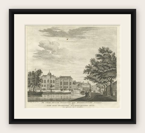 Antique Print of Two Jewish Synagogues in Amsterdam, The Netherlands, c.1760, shown framed