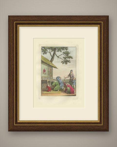 Antique Hand-Colored Print of Worship at a Chinese Shrine, Ferrario, 1815, shown framed