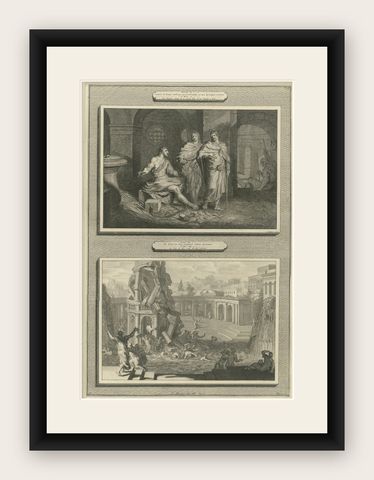 John the Baptist in Prison & Fall of the Tower of Siloam, Pieter Mortier, c.1700, shown framed
