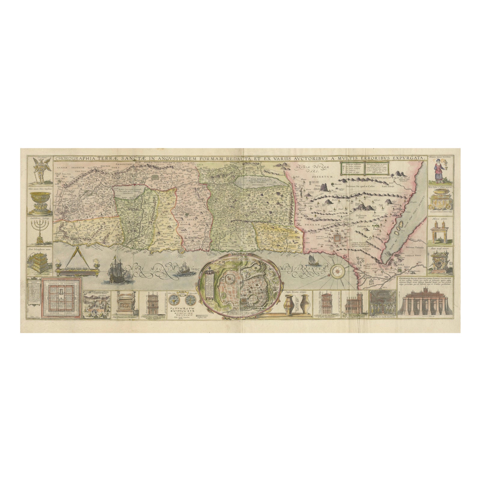 1632 Decorative Map of the Holy Land, Insets of Jerusalem and Biblical Artefacts