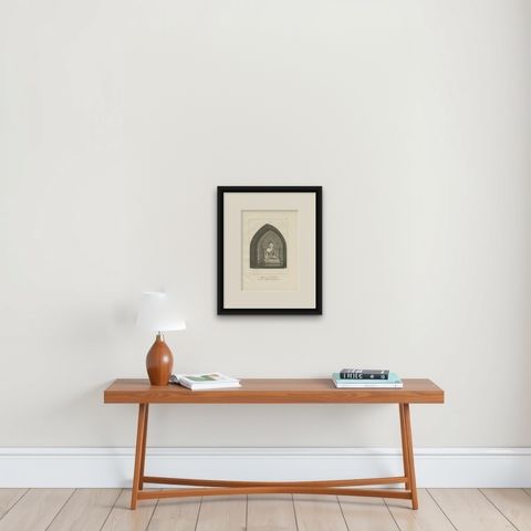 Antique Print of a Burman Buddha by Symes, 1800, shown framed on a wall, true to size