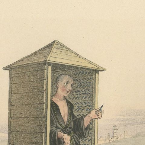 Antique Print of a Religious Man in a Sedan Chair, China, close-up 1