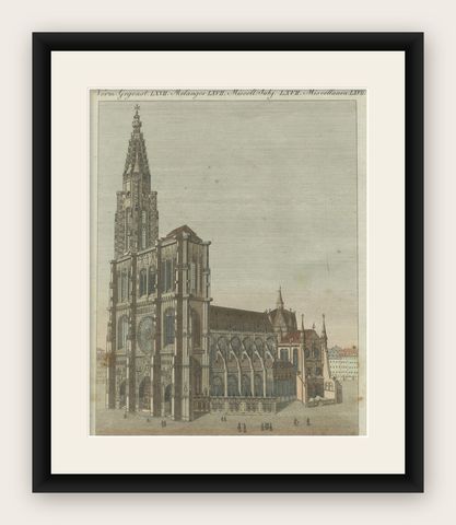 Engraving of Strasbourg Cathedral, Gothic Masterpiece in Alsace, 1805, shown framed