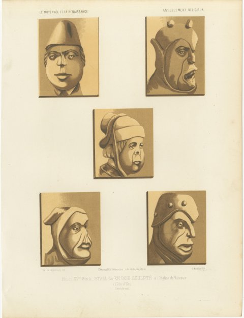 Carved Stall Heads, Vitteaux, Antique Chromolithograph, 1851, view 2