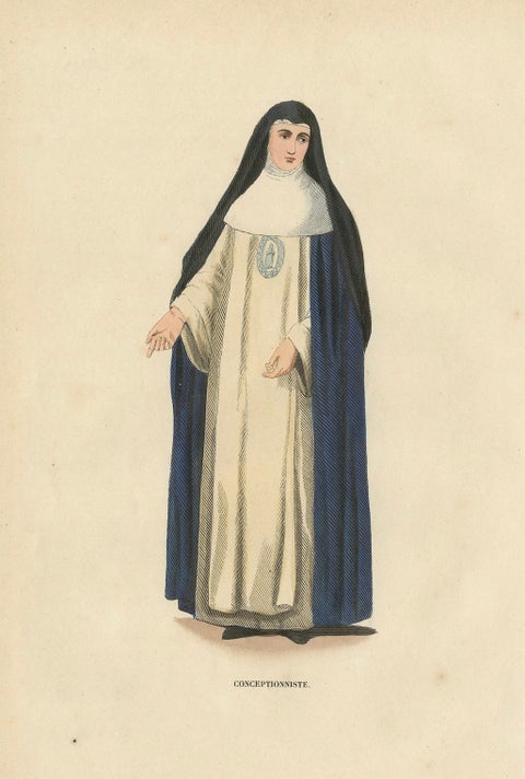 Antique Hand-Colored Engraving of a Conceptionist Nun, 19th Century, close-up 4
