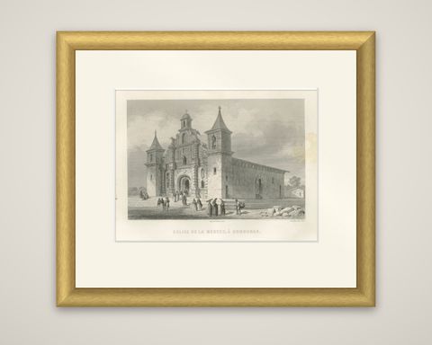 Honduras Colonial Church La Merced, 19th Century Architectural Engraving, 1867, shown framed