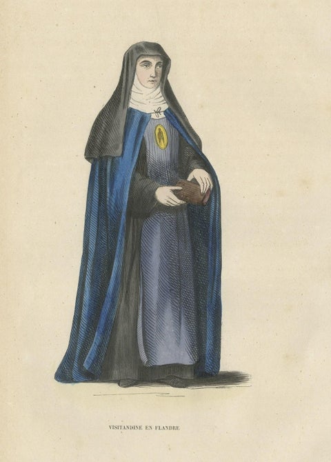 Antique Print of a Nun of Order of Visitation of Holy Mary in Flandres, Belgium, close-up 1