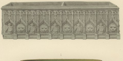 Würzburg Bronze Font and Rouen Lead Lavabo, Antique Print, 1851, close-up 1