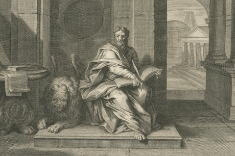 Biblical Engraving, Evangelists Matthew & Mark, Pieter Mortier, Early 1700s, close-up 1
