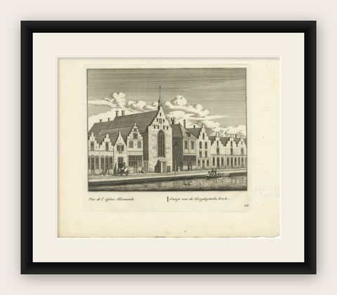 Antique Print of the Bethlehem Church of Leiden, the Netherlands, shown framed