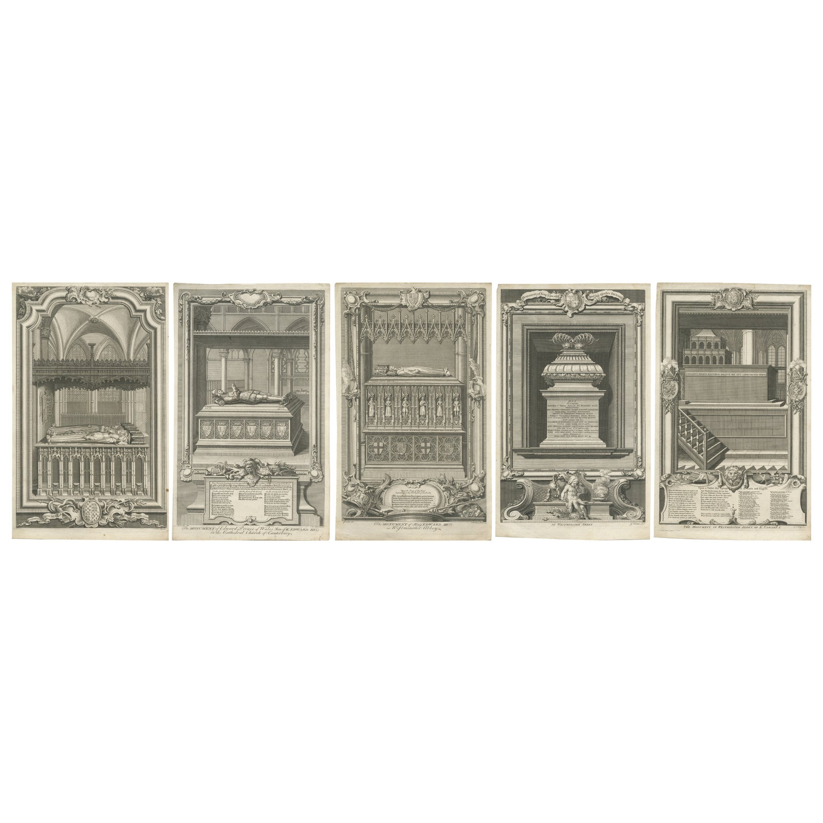 Westminster Abbey Monuments, Five English Engravings after Gravelot c.1730