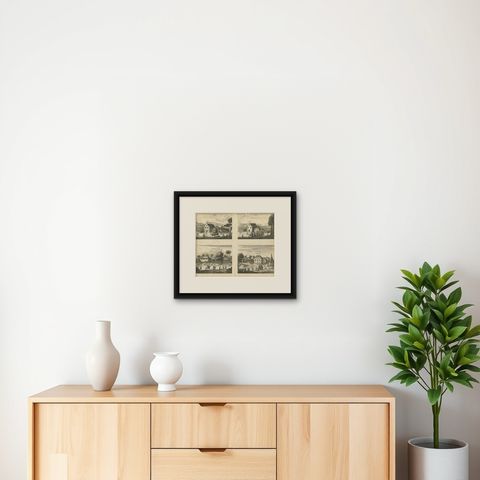 Antique Print of the Churches of Kopay, Poutour, Navacouli and Chavagatzeri, shown framed on a wall, true to size