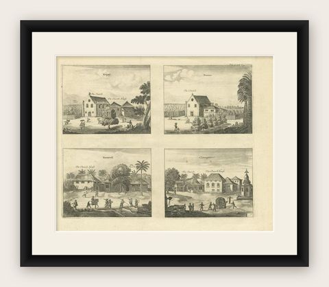 Antique Print of Various Churches on Ceylon by Churchill, 1744, shown framed