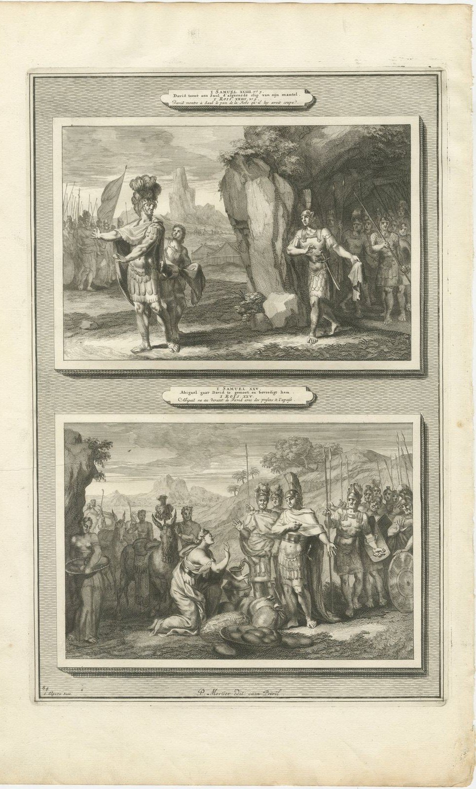 David Spares Saul and Abigail Meets David, Mortier Bible circa 1700