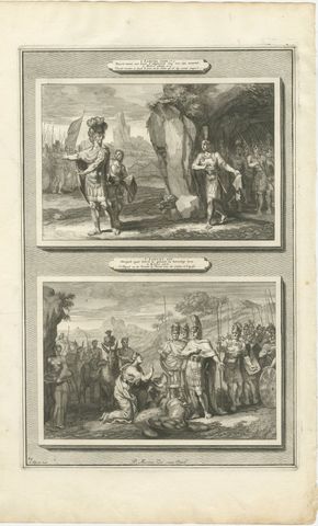 David Spares Saul and Abigail Meets David, Mortier Bible circa 1700