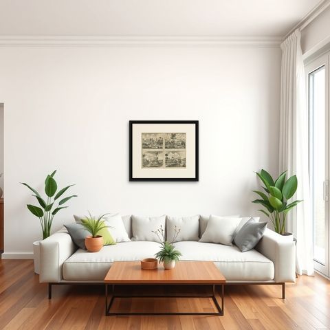 Antique Print of the Churches of Poelepolay, Mogommate, Tambamme and Mulipatto, shown framed in a room, true to size