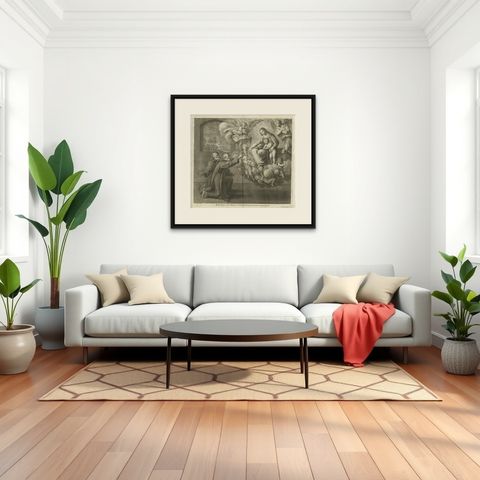 Scarce Plate of Saints Nilus and Bartholomew Kneeling for the Holy Virgin, 1762, shown framed in a room, true to size