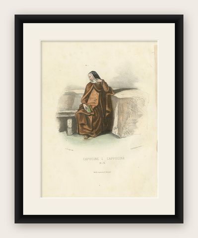 Capucine, 1862 Hand-Colored Lithograph of a Capuchin Nun, shown framed