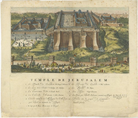 Jerusalem Engraved Handcolored Old Print of Solomon's Temple by De Hooghe, 1715, view 2