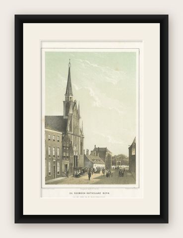 Antique Print of the Catholic Church of Leiden, the Netherlands, 1859, shown framed