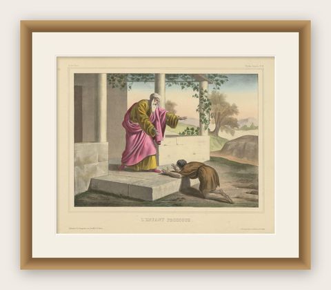 Antique Religious Print 'No. 14' The Prodigal Son, circa 1840, shown framed