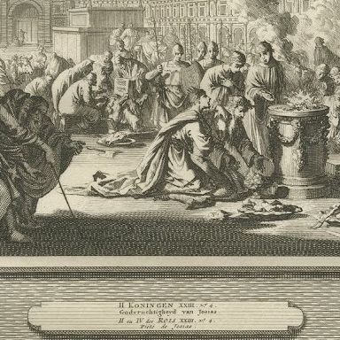 Idolatry of Manasseh and the Piety of King Josiah, Pieter Mortier, circa 1700, close-up 2