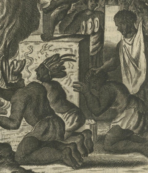 Engraving of Rituals and Cremation Ceremonies in New Spain by Montanus, 1673, close-up 4