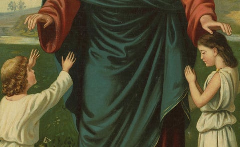 Antique Catholic Print of Jesus Blessing Children, Germany, c. 1890, close-up 4