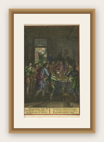 Israelites at the Paschal Meal, Hand-Coloured Bible Engraving, 18th Century, shown framed