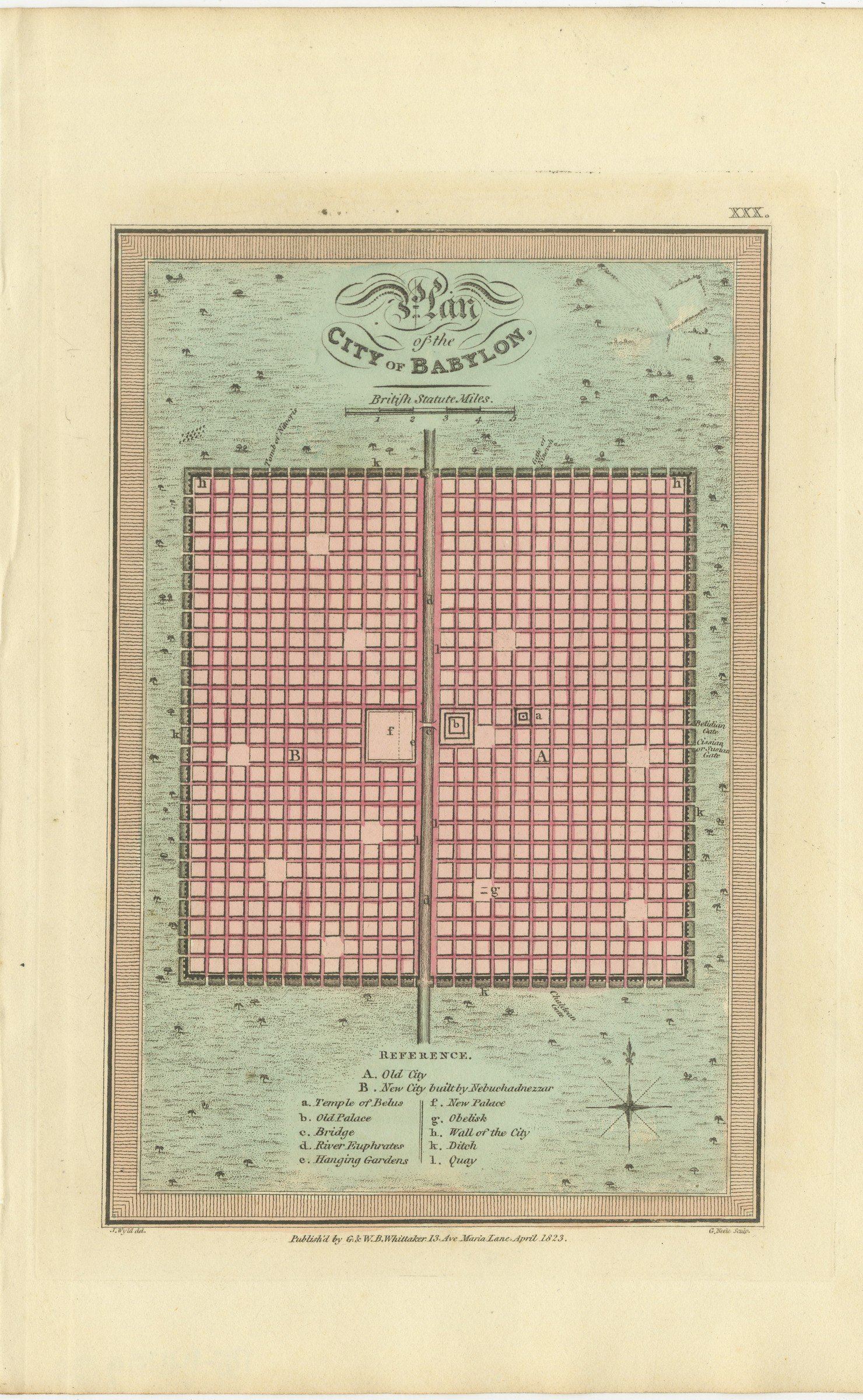 Antique Plan of the City of Babylon, Hand-Colored, Wyld, 1823